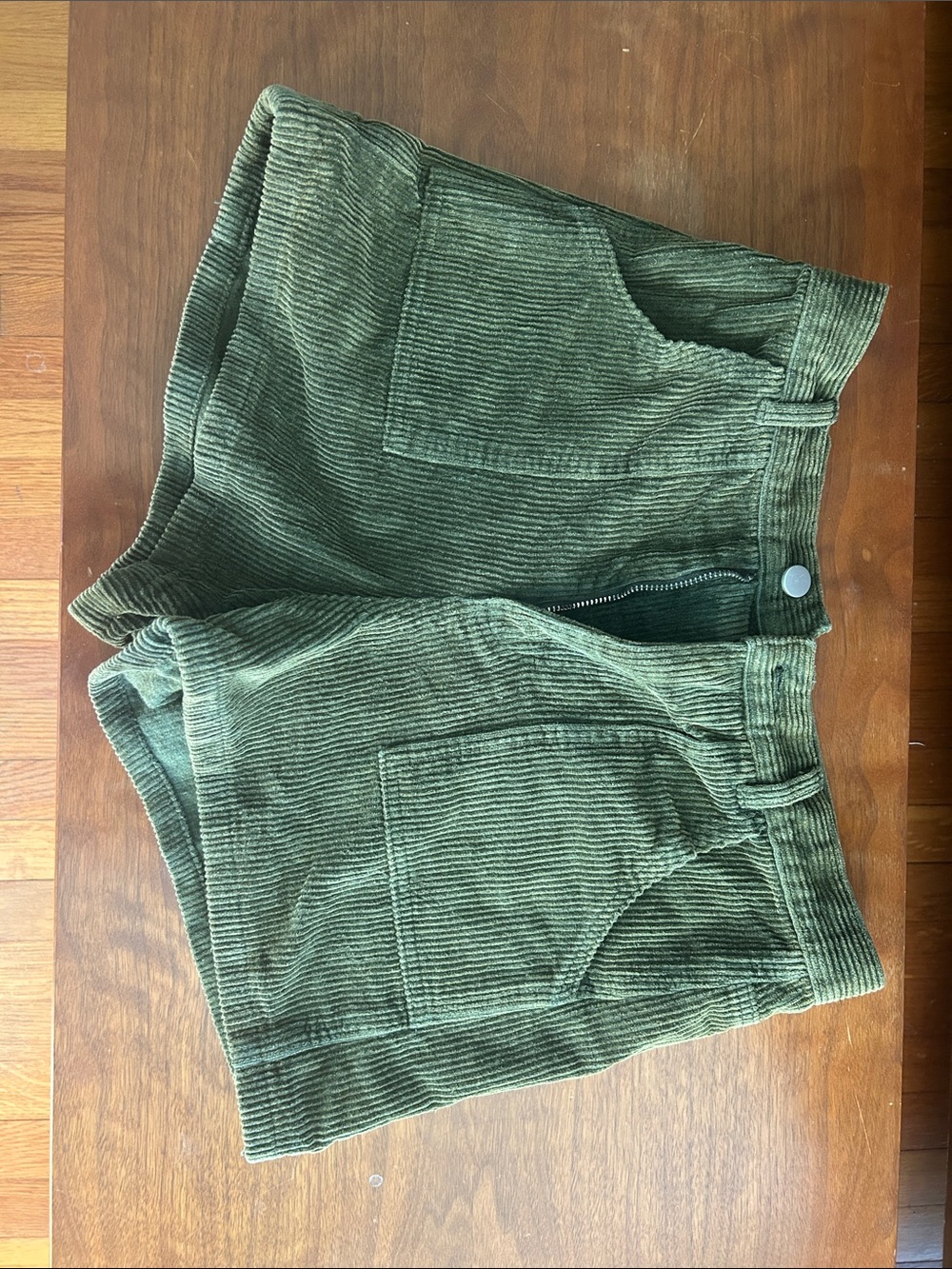 High-Rise Olive Green Corduroy Shorts with Front Pockets